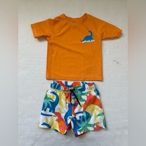 Old Navy Boys Orange Dino Swim Top Rashguard Shorts Set Sz 18-24M Bathing Suit